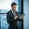 Successful young entrepreneur in professional attire looking at a tablet in a high-rise office